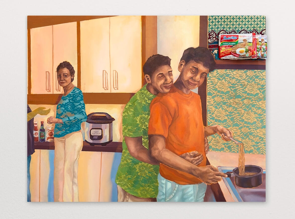 Still, We Stay: Kitchen, 2025 Oil, acrylic, kebaya lace, batik, glitter, and Indomie packets on canvas 38” x 48”