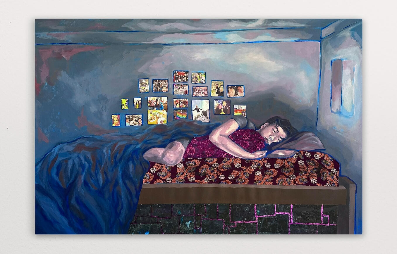 Still, We Stay: Bedroom, 2025 Acrylic, kebaya lace, batik, glitter, inkjet prints, and photographic transfers on canvas 36” x 54”