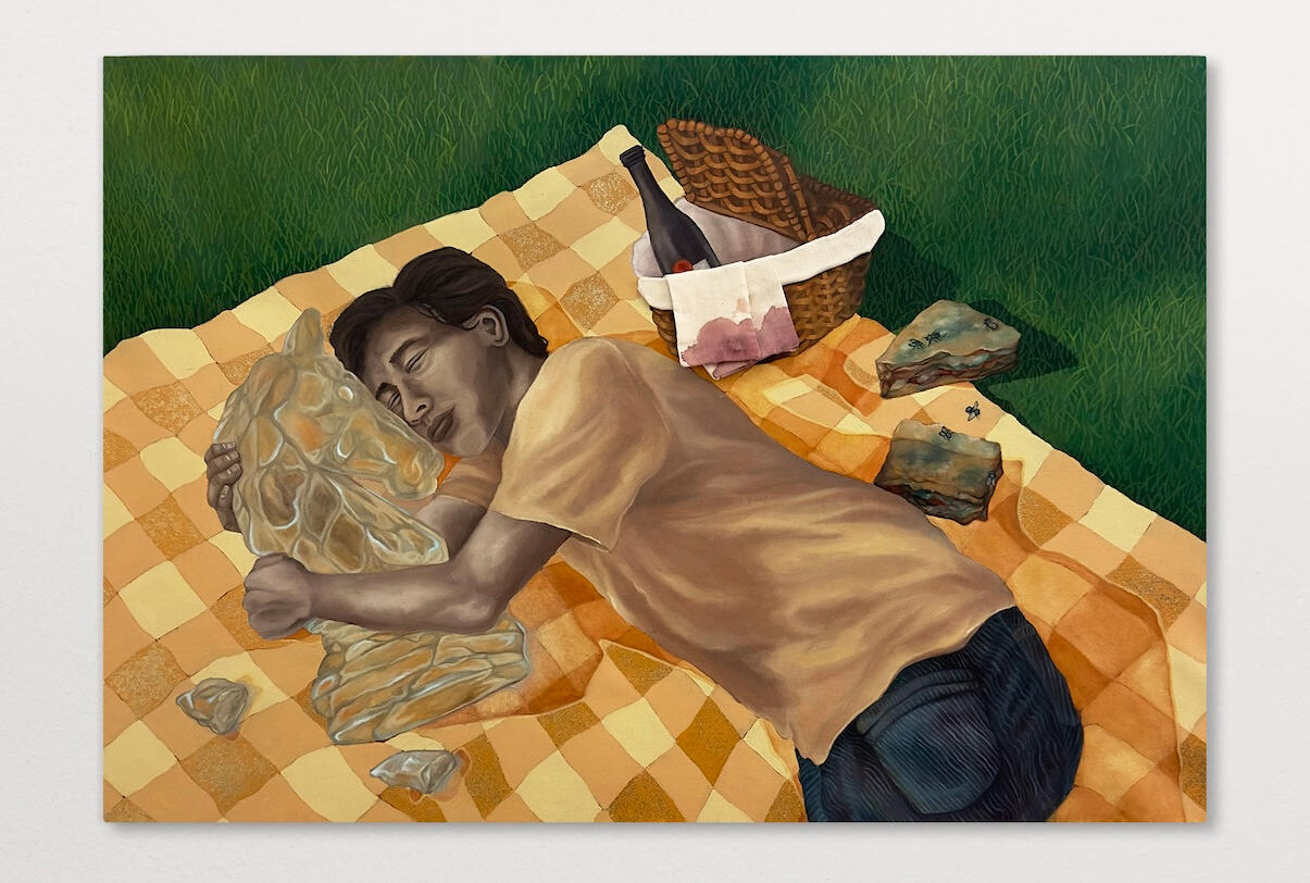 Should’ve Known Sooner, 2025 Oil, acrylic, glitter, and cheesecloth on canvas 36” x 54”