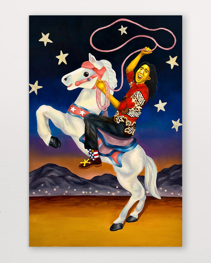 American Dreaming, American Star, 2024 Oil and glitter on canvas 60” x 40”