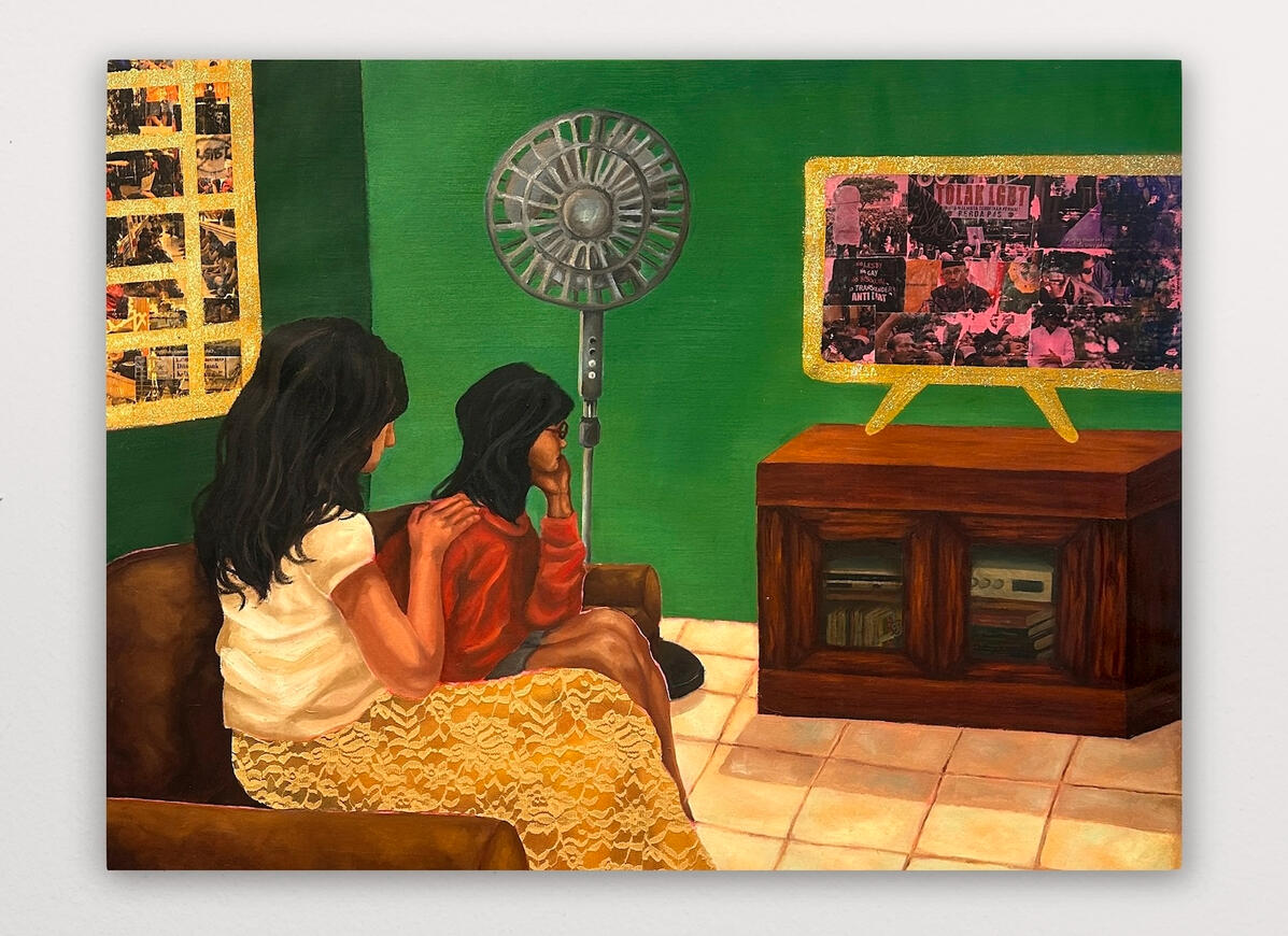 Still, We Stay: Living Room, 2025 Oil, acrylic, kebaya lace, batik, glitter, and photographic transfers on canvas 33” x 43”